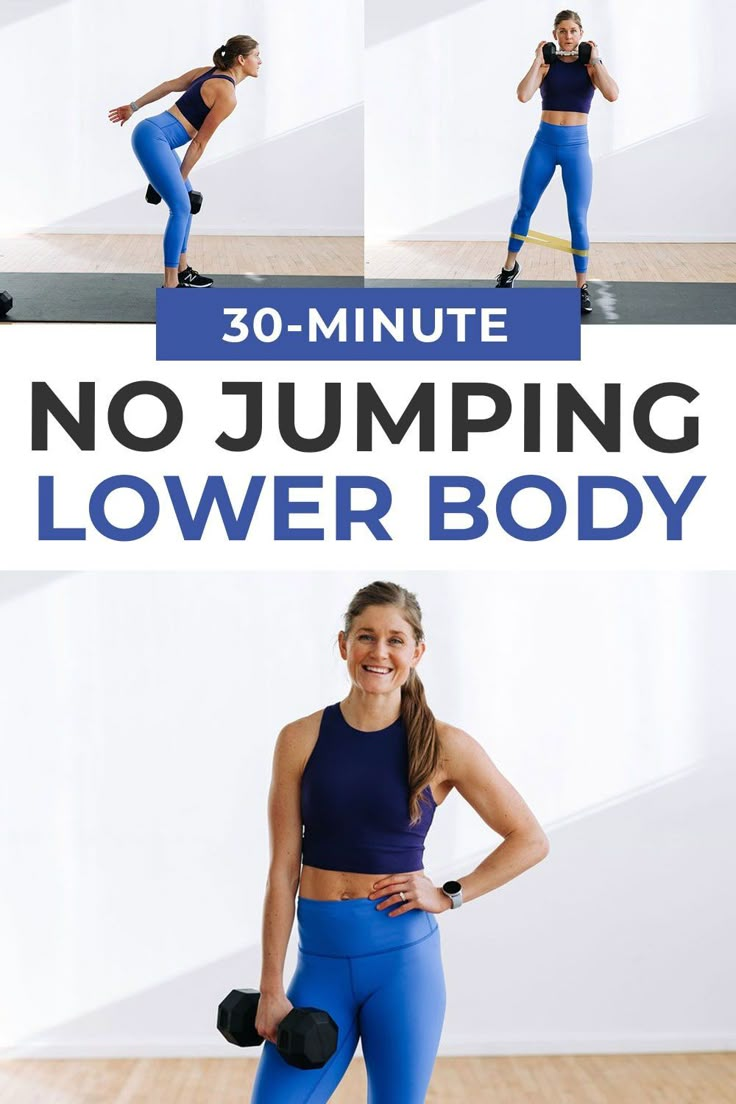 a woman in blue tights and black top with the words 30 - minute no jumping lower body