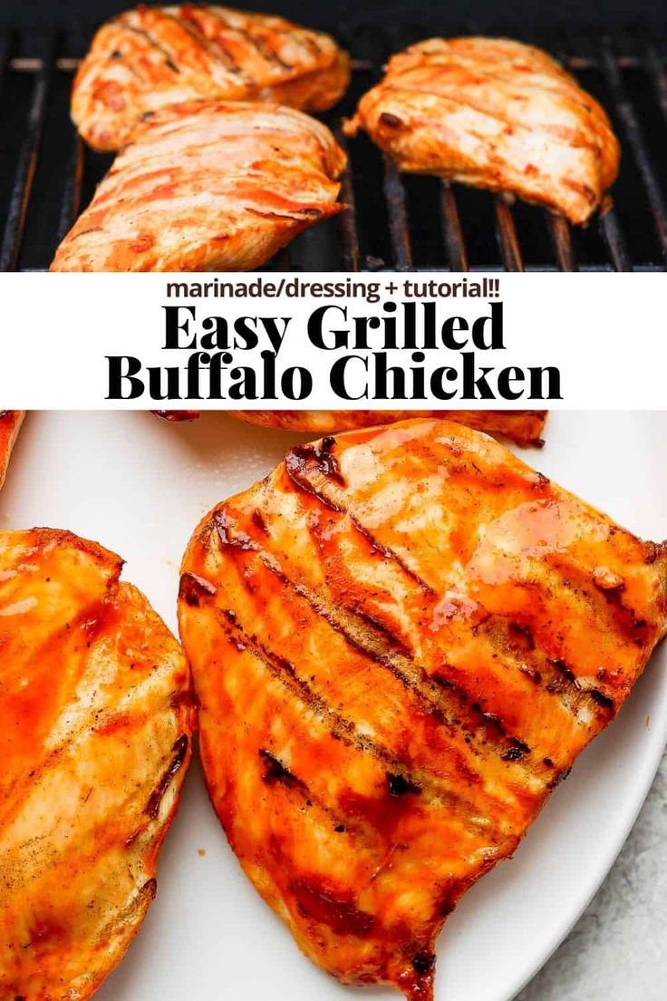 grilled buffalo chicken on a white plate with text overlay