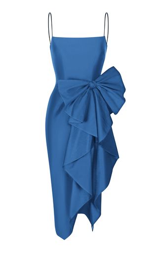 Draped Bow Silk Midi Dress by Rasario | Moda Operandi Next In Fashion, Draped Silk Dress, Blue Silk Dress, Embroidered Clutch, Moda Chic, Silk Midi Dress, Blue Silk, Sky High, Fancy Dresses