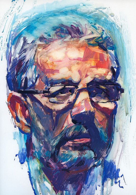 a painting of an older man with glasses and a beard in blue, red, orange and white colors