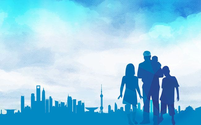 the silhouettes of two people and a child are walking in front of a cityscape