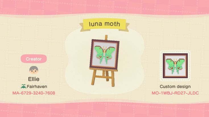 an animal crossing game with the name lunaa moth on it's chest and two pictures