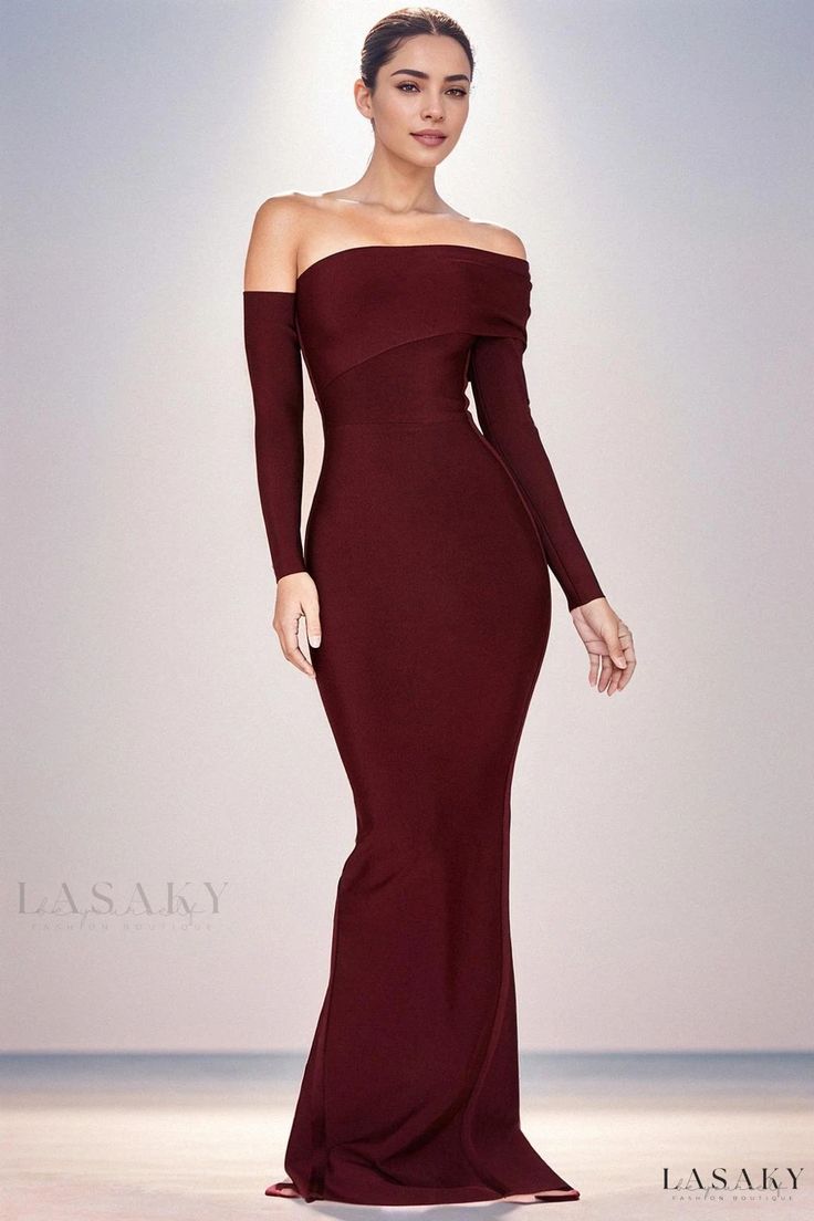 Lasaky - Elegant Irregular Shoulder Slit Maxi Dress Red Formal Dress Long, Champagne Evening Gown, Formal Dress Long, Dresses For Formal Events, Velvet Bodycon Dress, Winter Formal Dresses, Black Dress Formal, Split Maxi Dress, Full Length Dress