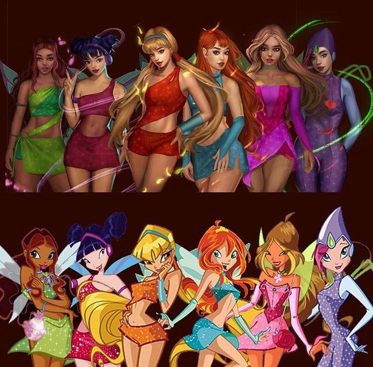 some cartoon characters are standing together in different outfits and hair colors, one is wearing a tiara while the other has long blonde hair