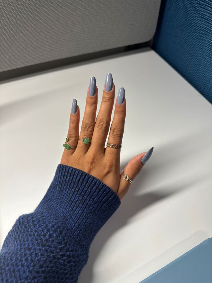 blue gray nails acrylic long nails rings Grayish Blue Nails, Bluish Gray Nails, Gray Nails Acrylic, Grey Blue Nails, Blue Gray Nails, Blue Grey Nails, Nails Acrylic Long, Nails Rings, Grey Nails