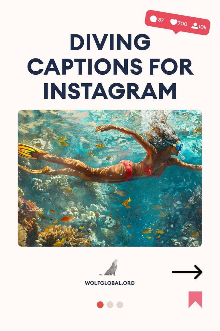 Alt text: "A poster promoting diving captions for Instagram with an image of a woman snorkeling among fishes."
Graphic with sea-inspired statements and emojis, 'Get 100+ more' button, and wolfglobal.org logo.
Graphic of a smiling woman with a laptop promoting an Instagram engagement pod service. Underwater Captions Instagram, Free Diving Quotes, Water Captions, Diving Aesthetic, Underwater Pics, Ocean Captions, Scuba Diving Quotes, Diving Quotes, Captions For Instagram Posts