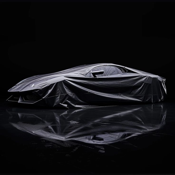 a car covered in plastic sitting on top of a black floor