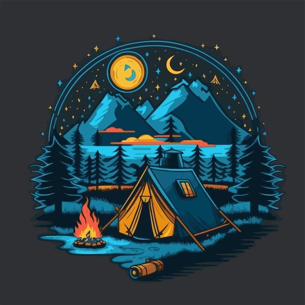 a campfire and tent in the woods with mountains, stars and moon at night