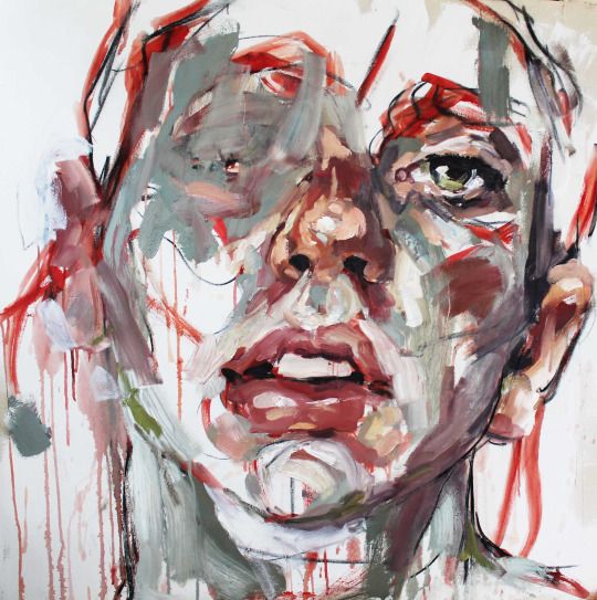 a painting of a woman's face with red and white paint splattered on it