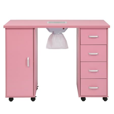 a pink computer desk with drawers and a lamp on top of it, in front of a white background