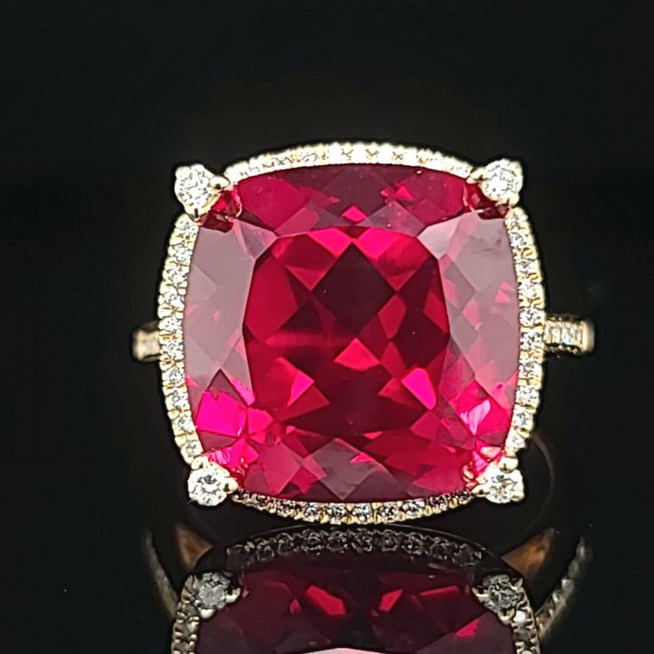 Gorgeous 14k yellow gold ruby ring, Center set lab grown ruby in cushion cut ruby weight 14.87ct. Size 14x14 This ruby is vivid red color. very nice luster,very lively ,nice cut.very clean stone. SIDE set round natural diamonds wight 0.55ct tw. SI1-H quality.stunning ring gorgeous settings, very unique rare large ruby . Retail value $5,500 net. Appraisal available Ruby Square Ring, Platinum Engagement Rings Vintage, Gold Ruby Ring, Golden Rings, Ruby Ring Gold, Beautiful Gemstones, Filigree Engagement Ring, Golden Ring, Platinum Engagement Rings