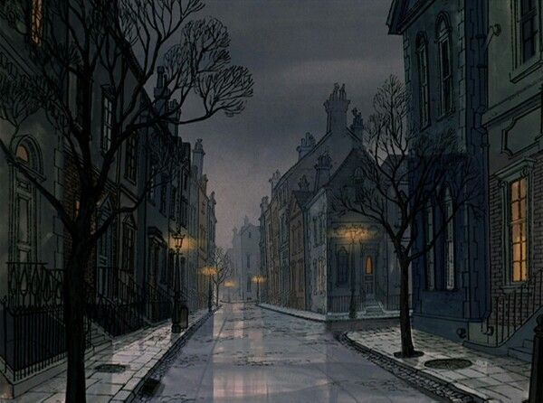 a painting of a city street at night with snow on the ground and bare trees