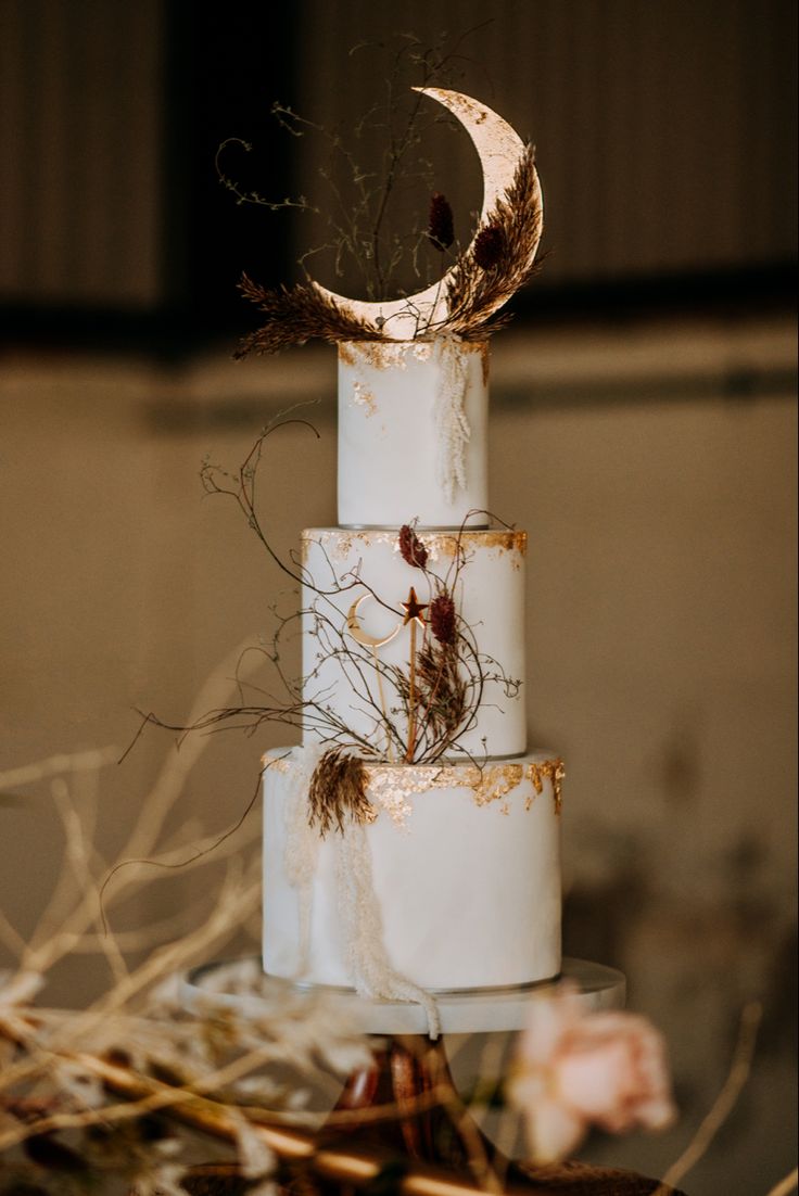 a three tiered white cake with dried grass on top and the moon in the background