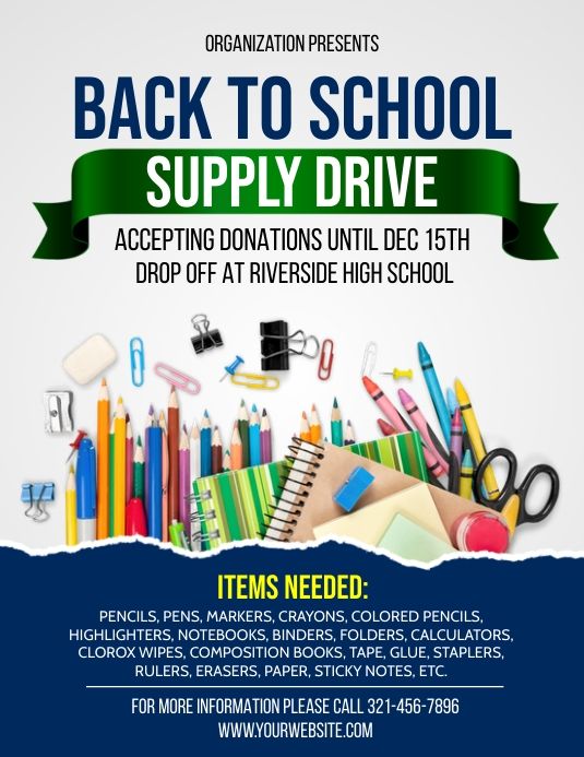 the back to school supply drive flyer is shown with supplies on it and an image of pencil