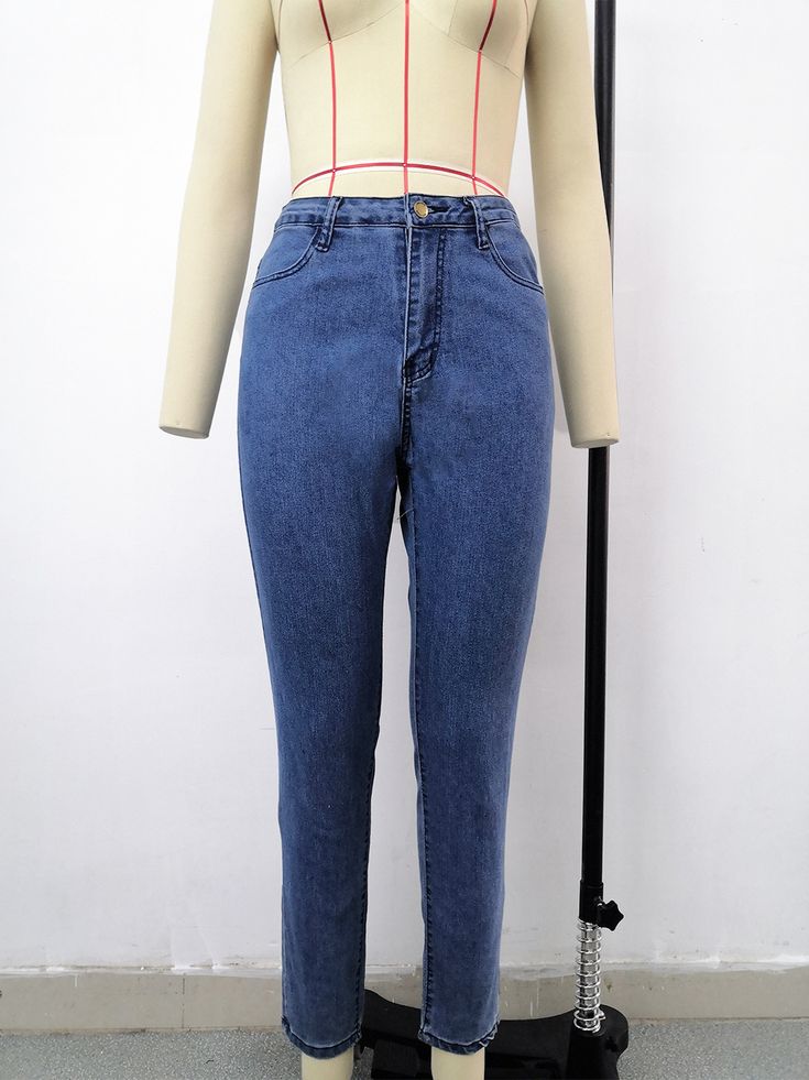 High Waist Slim Fit Denim Pencil Pants Trendy Non-stretch Tapered Leg Jeans, Trendy Non-stretch Tapered Jeans, Casual Non-stretch High-waisted Jeans, High Waist Jeans For Fall, Trendy Denim Straight Leg Jeggings, Casual High Waist Jeggings For Summer, Solid Denim Jeans For Fall, Solid High-waisted Non-stretch Jeans, Trendy High Waist Denim Blue Jeggings