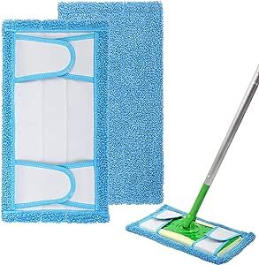 a blue dust mop and cleaning sponge next to it