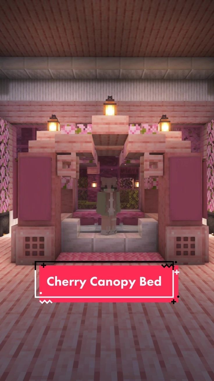 the room is decorated in pink and white colors with lights on it, along with a red sign that says cherry canopy bed