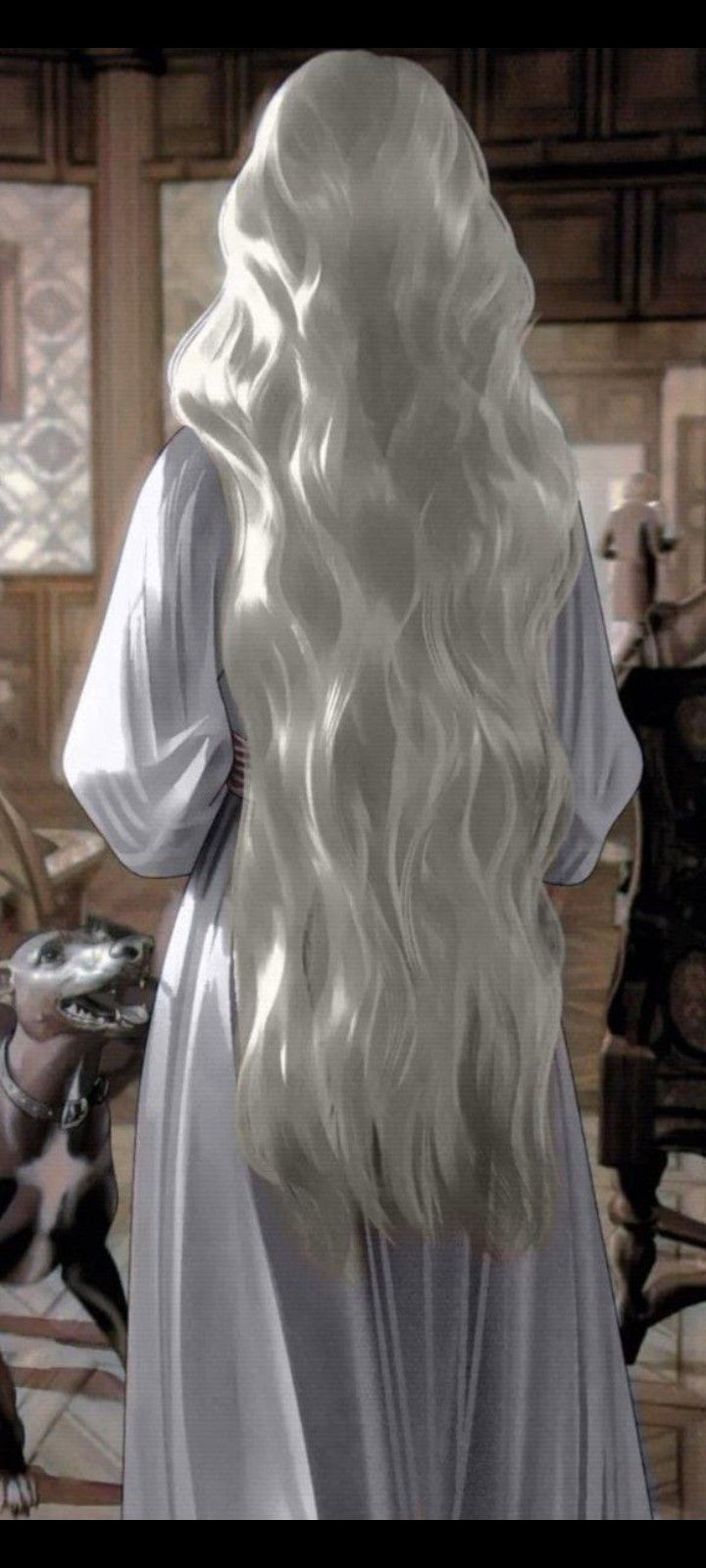 Long White Hair Female Character Art, Targaryen Art Oc, Placing Crown On Head Reference, Very Long White Hair, How To Draw White Hair, Long White Hair Drawing, Back Of Head Reference Hair, Targaryen Woman Art, Long Flowy Hair Drawing