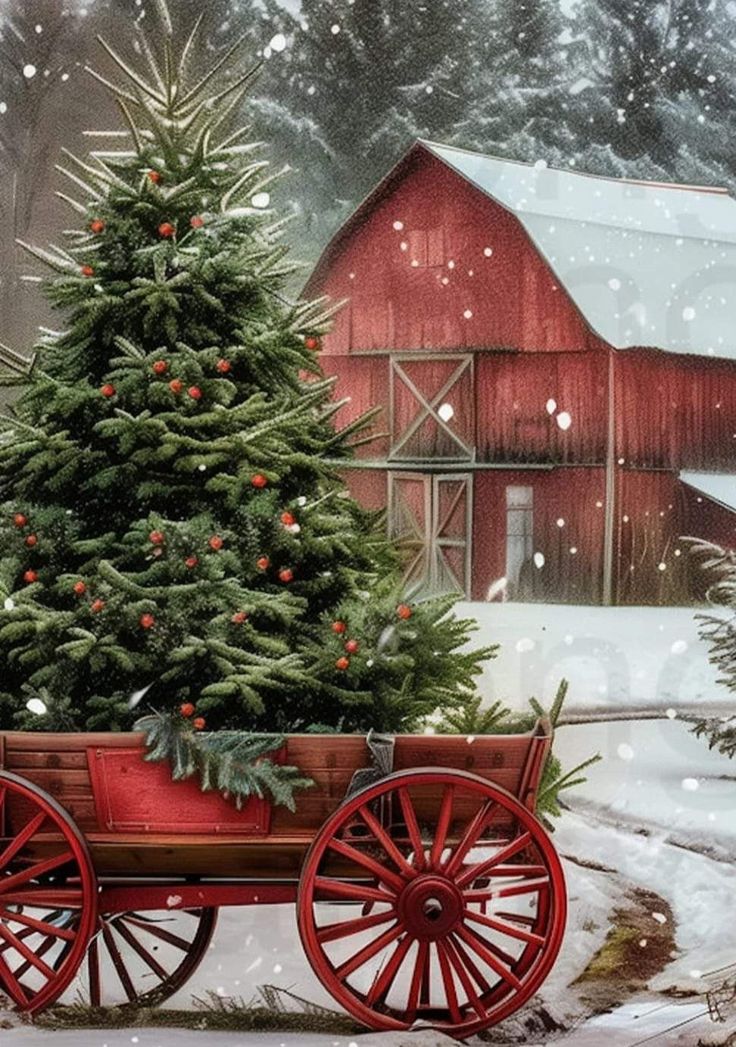 a christmas tree sitting on top of a red wagon in the snow next to a barn