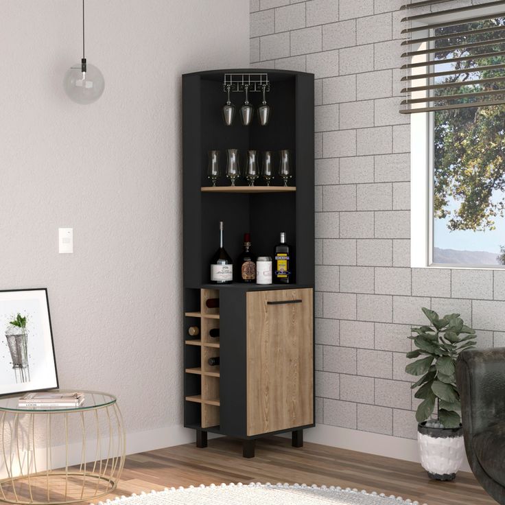 a living room with a black cabinet and shelves