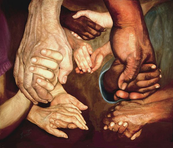 a painting of many hands reaching out to each other