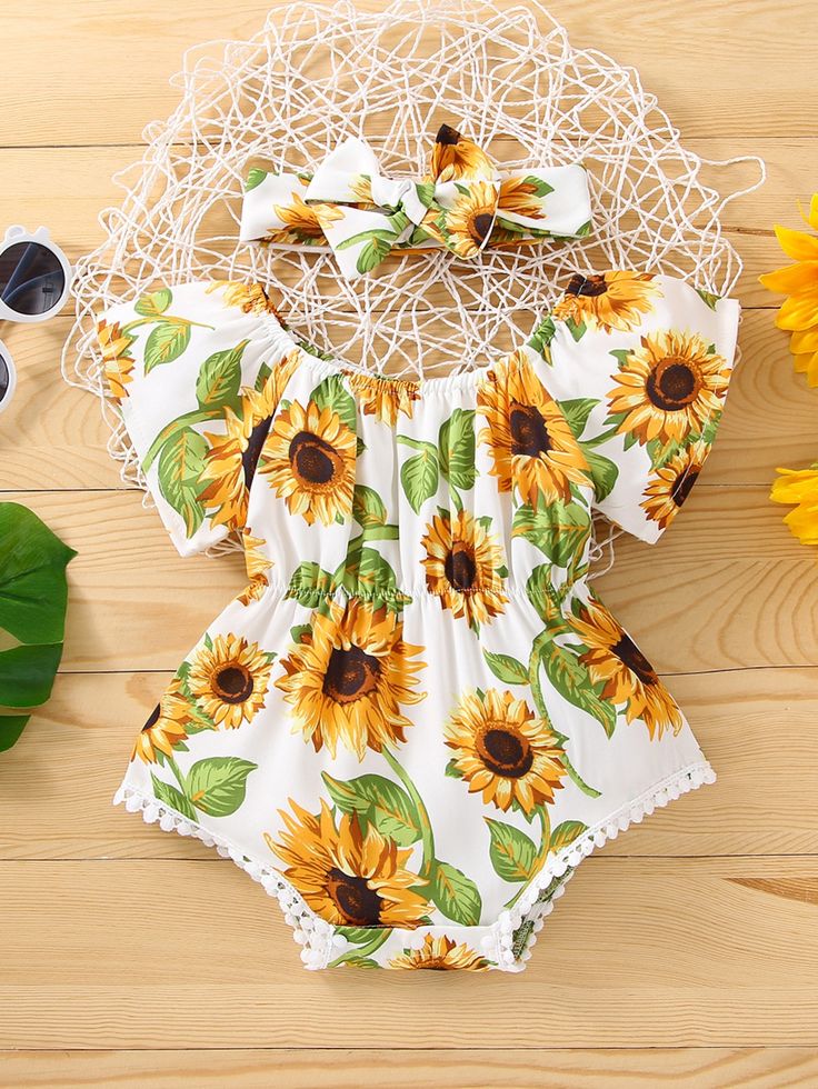 Baby Sunflower, Western Babies, Short Sleeve Romper, Girl Onesies, Guipure Lace, Matching Headband, Sunflower Print