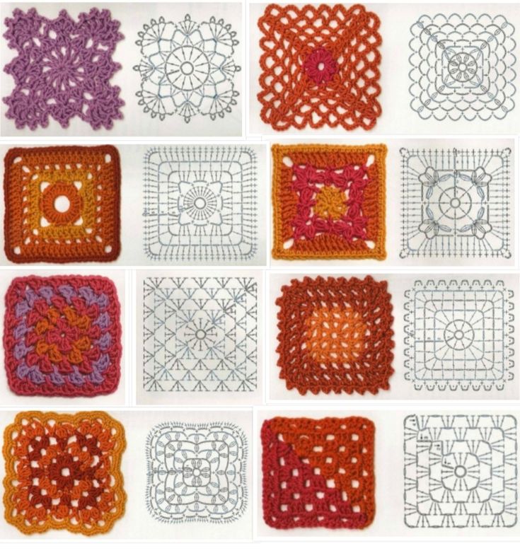 nine crocheted squares are arranged in different colors and sizes, each with an intricate design