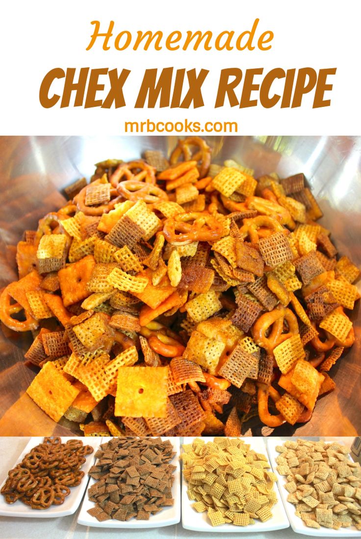 homemade chex mix recipe in three different bowls with the title overlay reading homemade chex mix recipe