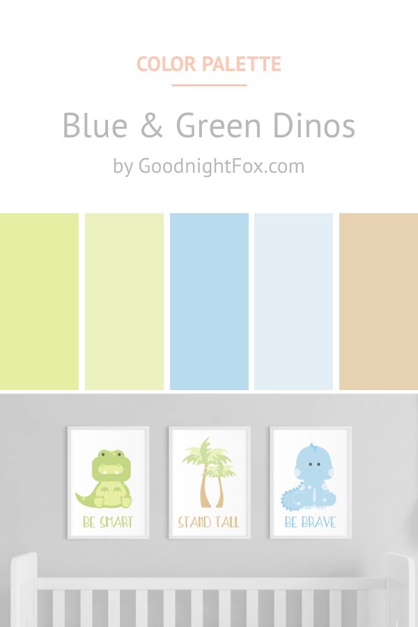 a baby's nursery room with blue and green dinos