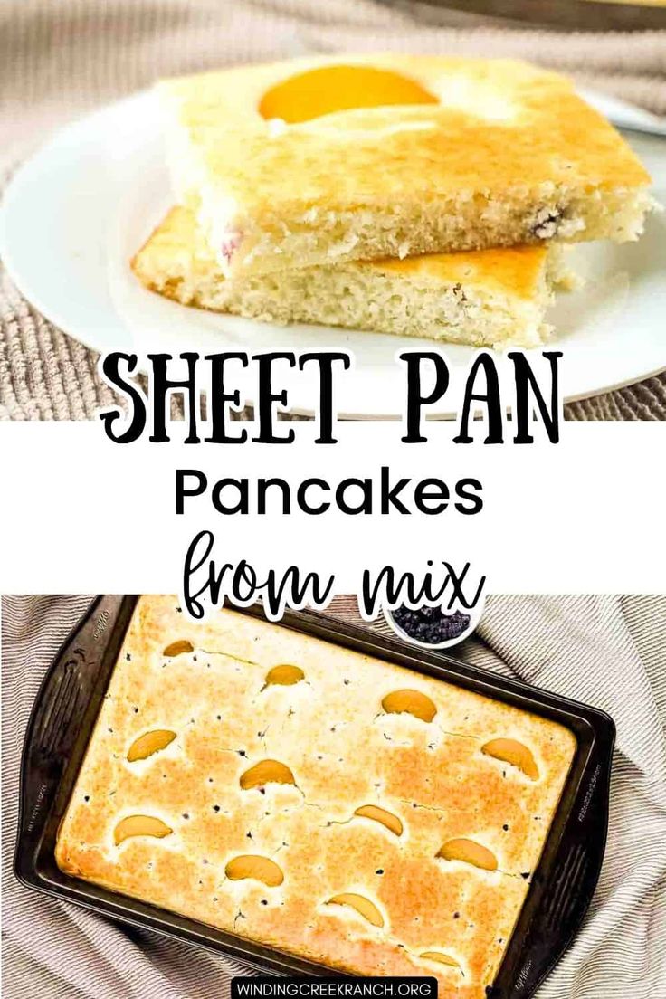 sheet pan pancakes with an egg on top and the title above it reads, sheet pan pancakes from mix