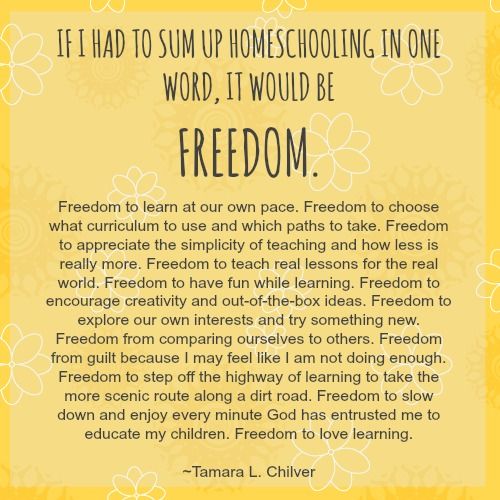 a yellow and white poster with the quote if i had to sum up homeschooling in one word, it would be freedom