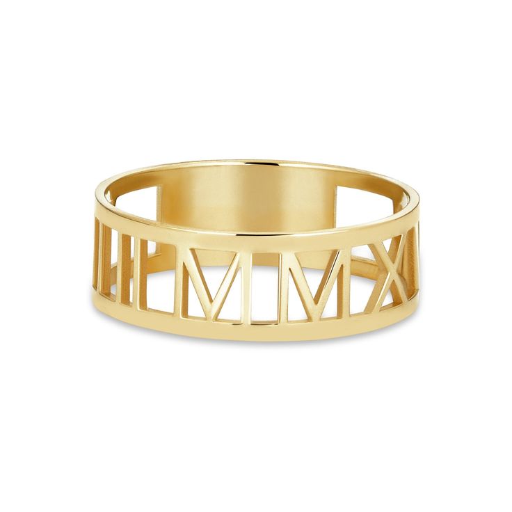 Roman Numeral Ring Elegant Gold Stackable Rings With Initials, Luxury Initial Ring With Round Band For Promise, Luxury Initial Open Ring With Polished Finish, Luxury Yellow Gold Initial Open Ring, Luxury Polished Initial Open Ring, Luxury Yellow Gold Open Initial Ring, Timeless 14k Gold Engraved Promise Ring, Luxury 14k Gold Signet Ring With Open Band, Classic Yellow Gold Initial Ring With Open Band