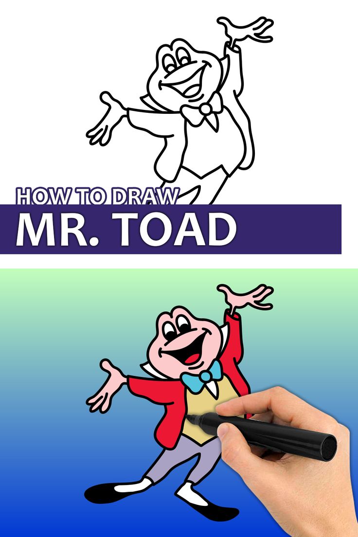 a hand holding a black marker next to an image of a cartoon character and the words how to draw mr toad