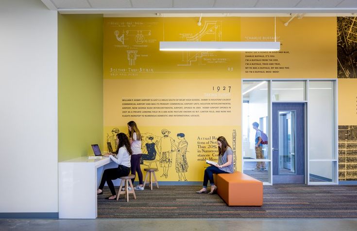 two women are sitting on benches in front of a yellow wall with drawings and writing