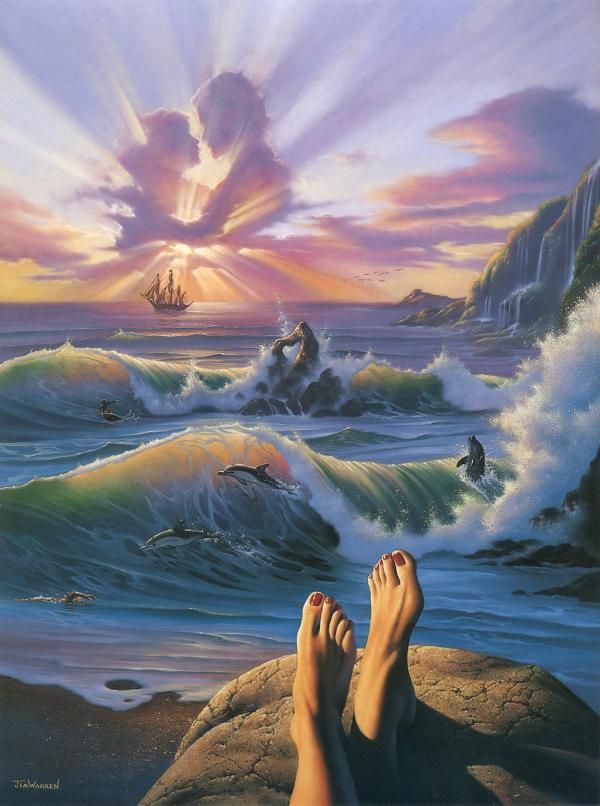 a painting of someone's feet on top of a rock in front of the ocean