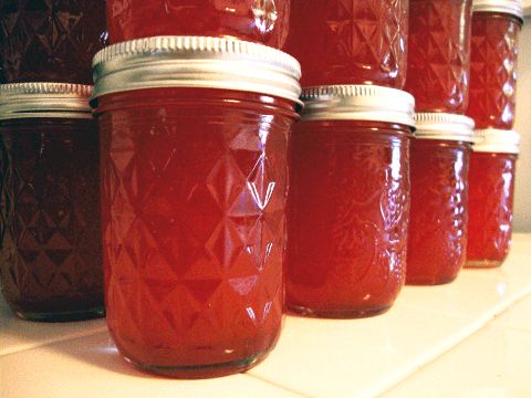 several jars filled with red liquid sitting on top of a counter