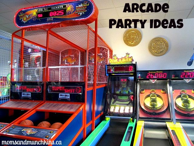 an arcade party with basketballs and other items for sale at the game room area