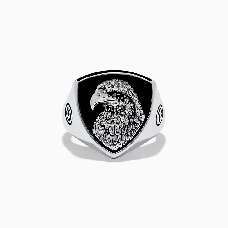 Men's Sterling Silver Onyx Eagle Ring Black Symbolic Signet Ring With Polished Finish, Modern Black Engraved Rings, Symbolic Black Sterling Silver Engraved Ring, Symbolic Black Engraved Sterling Silver Ring, Black Symbolic Signet Ring, Symbolic Black Round Signet Ring, Stone Rings For Men, Eagle Ring, Gem Diamonds