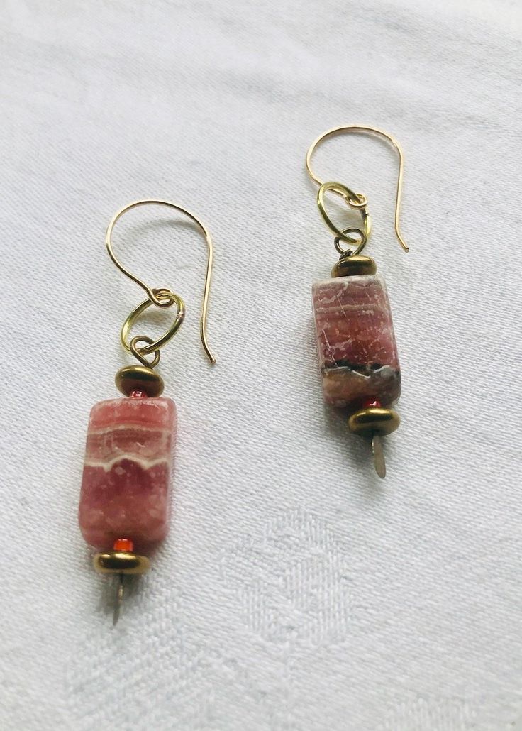 Rhodonite and Brass Earrings-SugarJewlz Handmade Jewelry Handmade Spiritual Pink Earrings, Handmade Pink Spiritual Earrings, Pink Tourmaline Dangle Jewelry, Pink Brass Dangle Jewelry, Nickel-free Brass Pink Jewelry, Pink Tourmaline Jewelry For Healing, Pink Tourmaline Bohemian Jewelry, Healing Pink Tourmaline Jewelry, Elegant Jewelry With Natural Rhodonite Stones