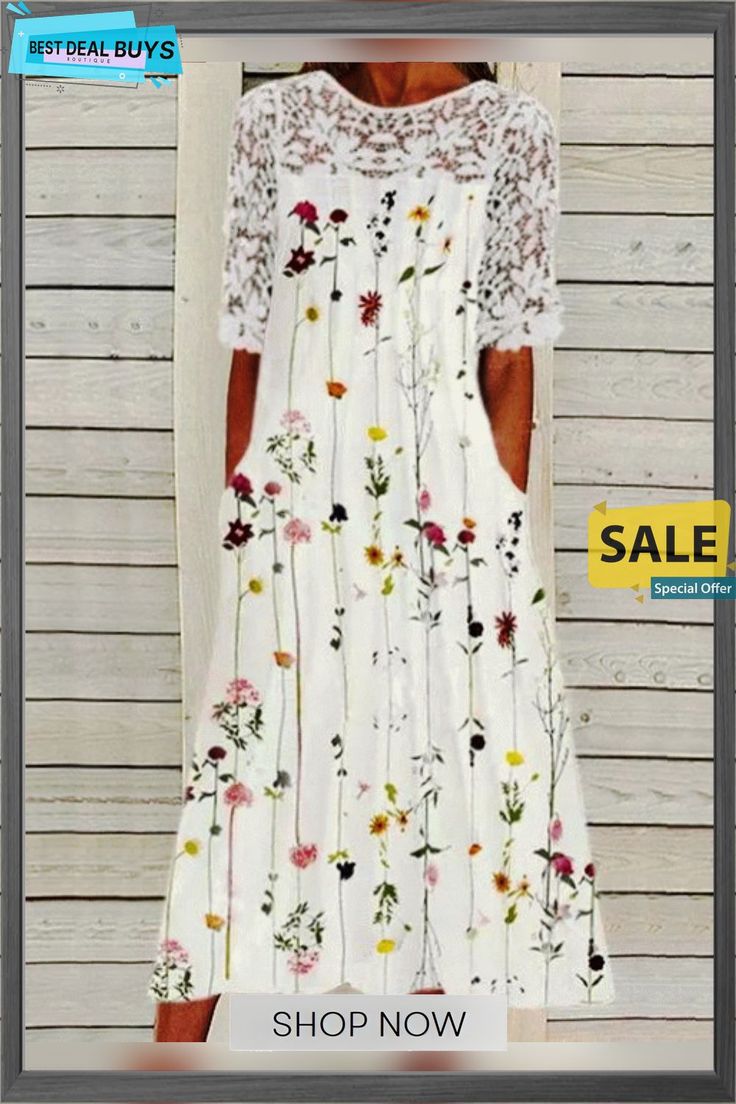 Cotton-blend Floral Boho Loose Midi Dress Bohemian White Half Sleeve Dress, White Half Sleeve Maxi Dress For Summer, Non-stretch White Floral Print Dress, White Half Sleeve Maxi Dress For Spring, Summer Shift Dress With Half Sleeve, Spring White Half Sleeve Maxi Dress, Spring Half-sleeve Printed Dresses, Spring Half Sleeve Printed Dresses, White Floral Print Shift Midi Dress