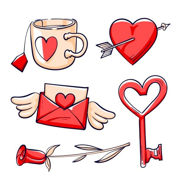 valentine's day clip art with hearts, arrows and envelopes on white background