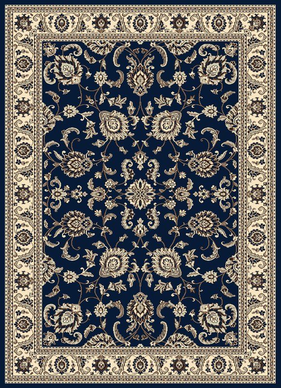 a blue rug with an ornate design on the bottom and beige trimming around it