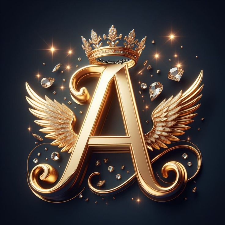 gold letter with wings and crown surrounded by jewels