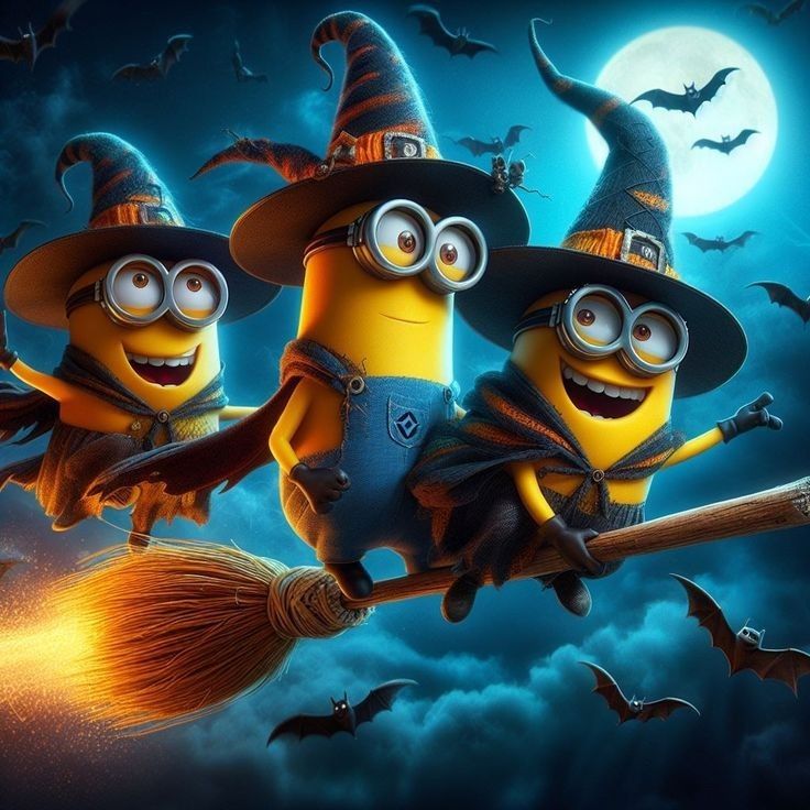 three minions sitting on top of a broom in front of a full moon and bats