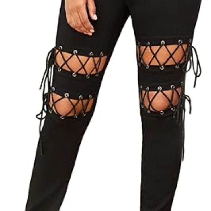 High Rise Black Punk Jeans Lace Up Thighs With Eyelets Stretchy Fabric Womens Large New Without Tags Rise: 12" Waist Laying Flat Across: 15" - 17" (Stretch) Inseam: 28" Compatible To Lip Service And Tripp Jeans Punk Bottoms For Halloween Concert, Punk Style Bottoms For Concerts And Halloween, Punk Bottoms For Concerts And Halloween, Edgy Club Bottoms For Halloween, Edgy Halloween Concert Bottoms, Fitted Grunge Bottoms For Concerts, Gothic Stretch Bottoms For Club, Edgy Black Bottoms For Festival, Punk Style Stretch Bottoms For Club