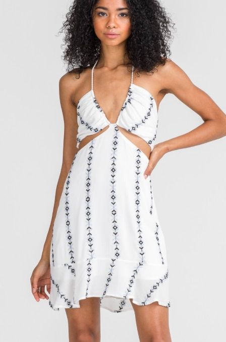 White Embroidered Sundress White Mini Dress For Summer Date Night, White Halter Neck Dress For Summer, Backless Sundress For Summer, Backless Lined Summer Sundress, White Backless Beachwear Mini Dress, White Backless Halter Dress For Day Out, Summer Dress With Cutout, White Halter Neck Sundress For Vacation, White Cutout Mini Dress For Beach