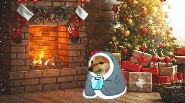 a dog sitting in front of a christmas tree with a cup of coffee next to it