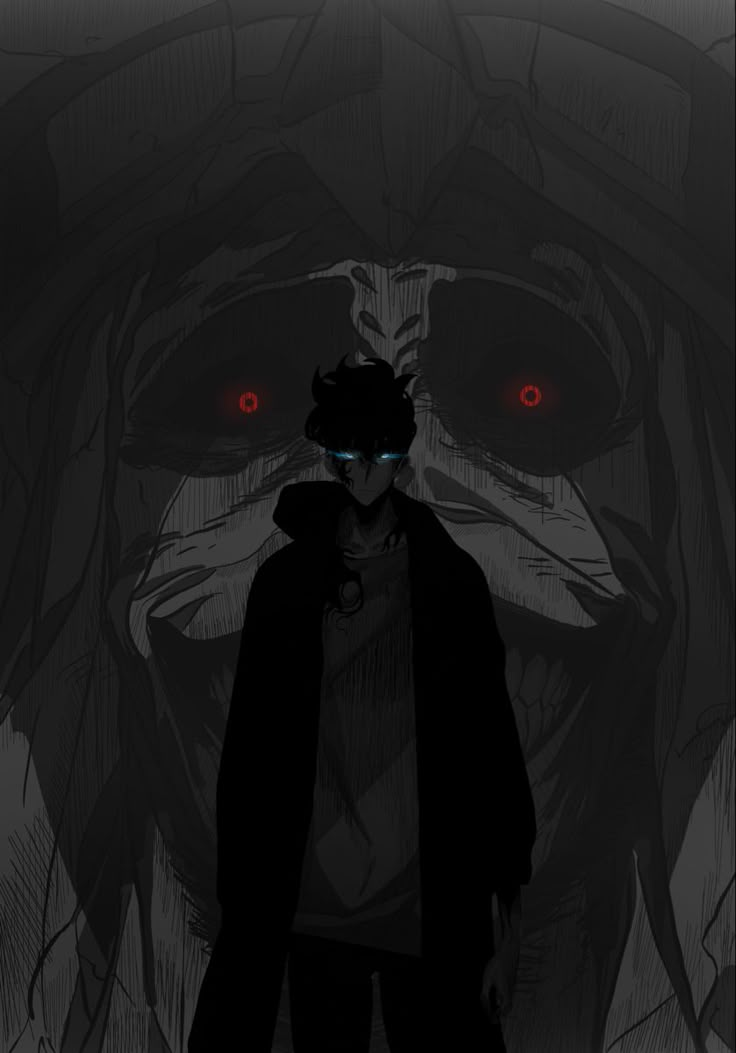 a man with red eyes standing in front of a demon