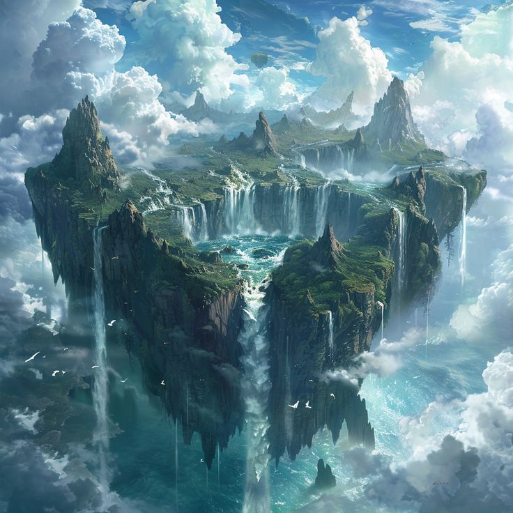 an island in the sky with waterfalls and birds flying around it, surrounded by clouds