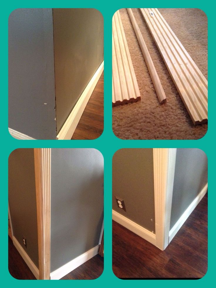 four pictures of different angles and sizes of the walls in a room with hard wood flooring